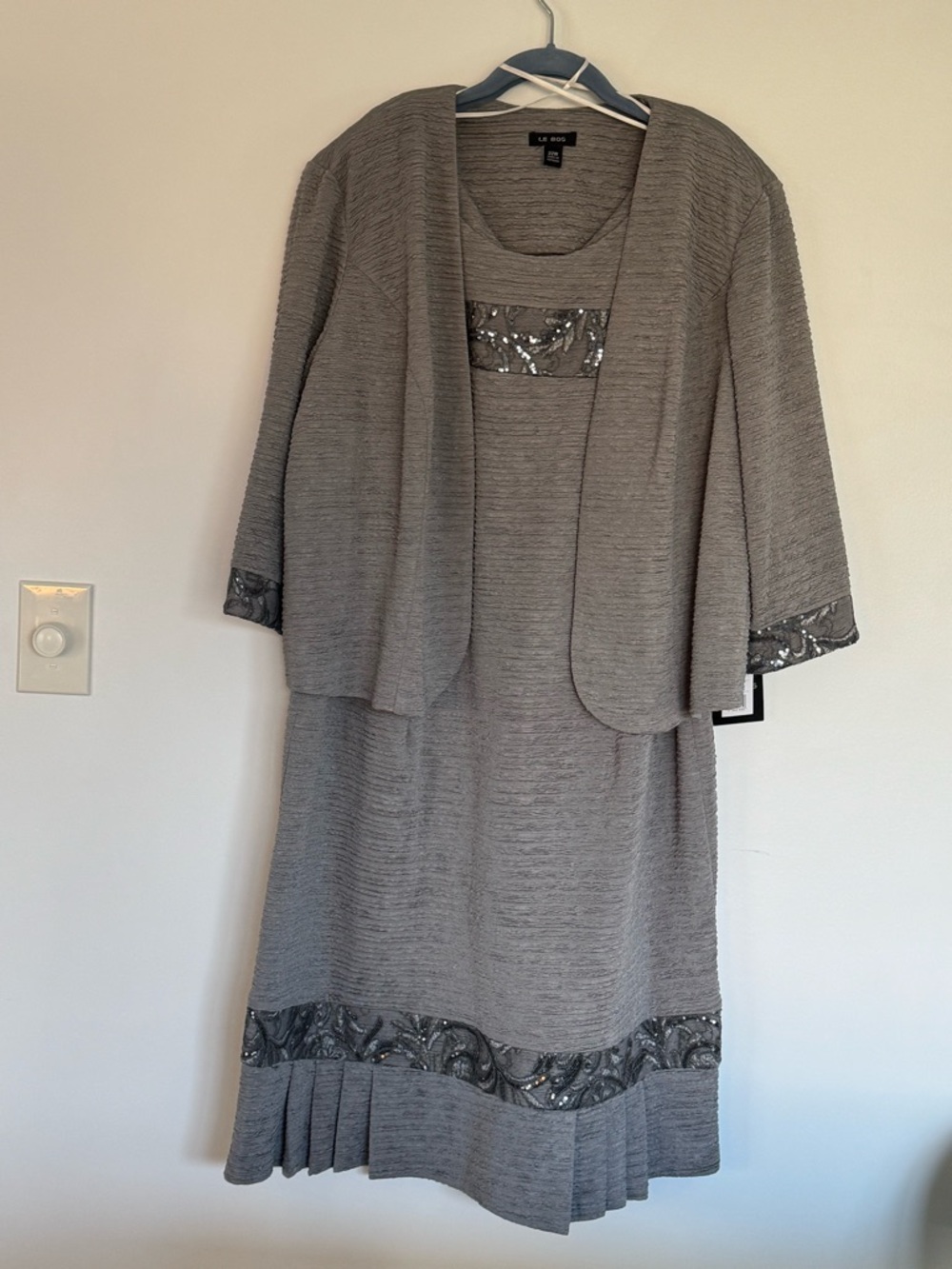 Le Suit Silver-Gray Embellished Skirt Set with Jacket